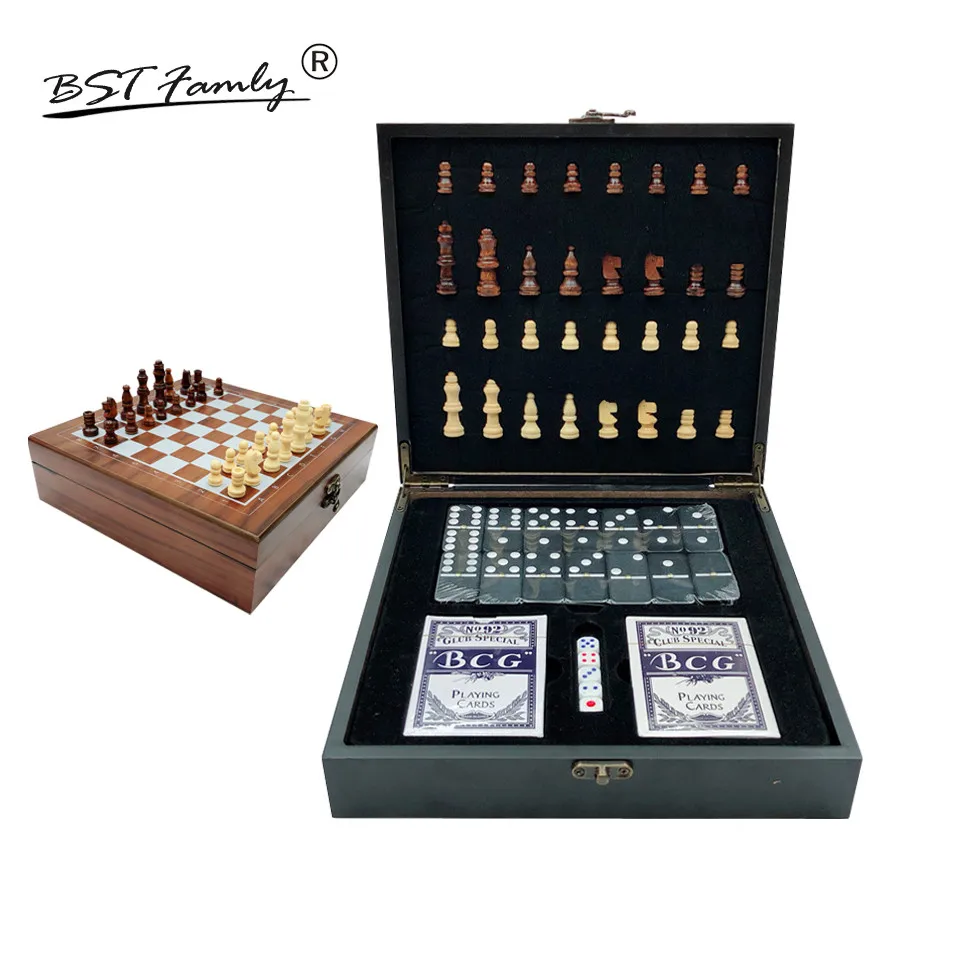 BSTFAMLY Folding Carving Wooden Chess Set Portable Game Poker Domino Dice 4 in 1 Family or Outdoor Entertainment I63 | Спорт и