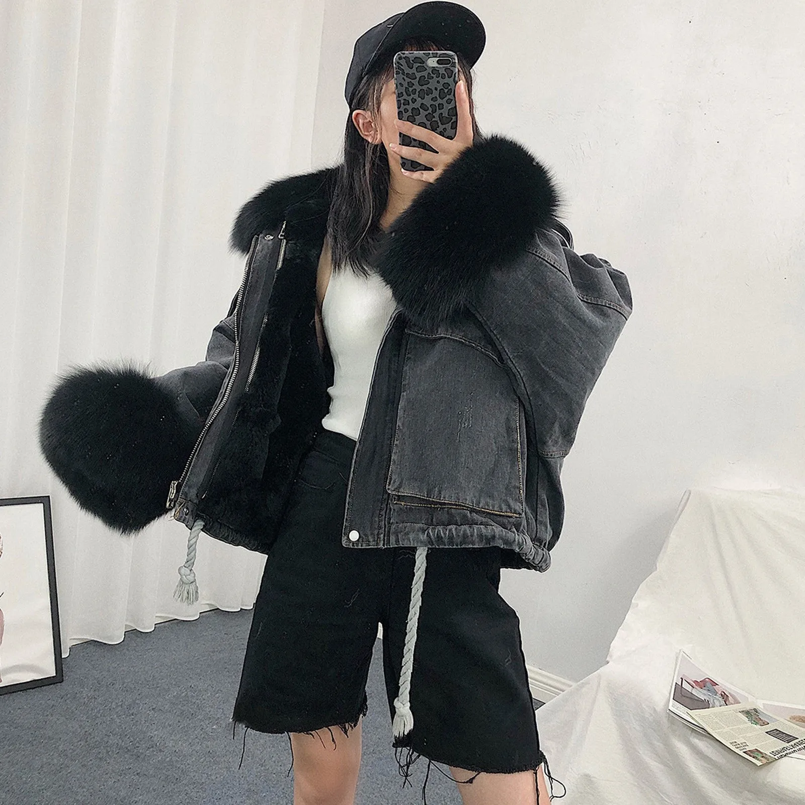 

Women Warm Denim Short Coat Collar Jacket Slim Winter Hooded Outwear Coats jaqueta feminina fur collar Coat Hooded Winter coats