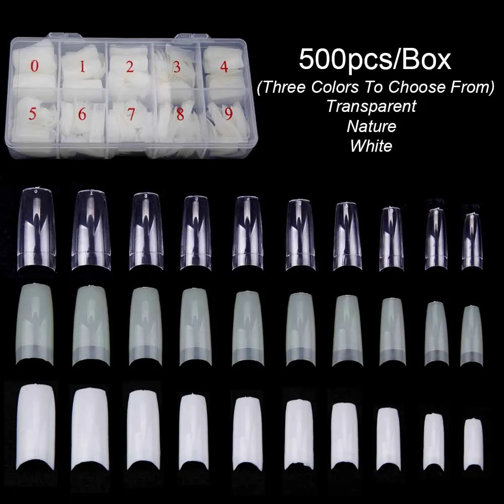 

500pcs/box Nail Art Tips False Coffin Flat Shape Full Cover Display Practice Acrylic UV Gel Polish Tool Manicure Fake Nail Tips