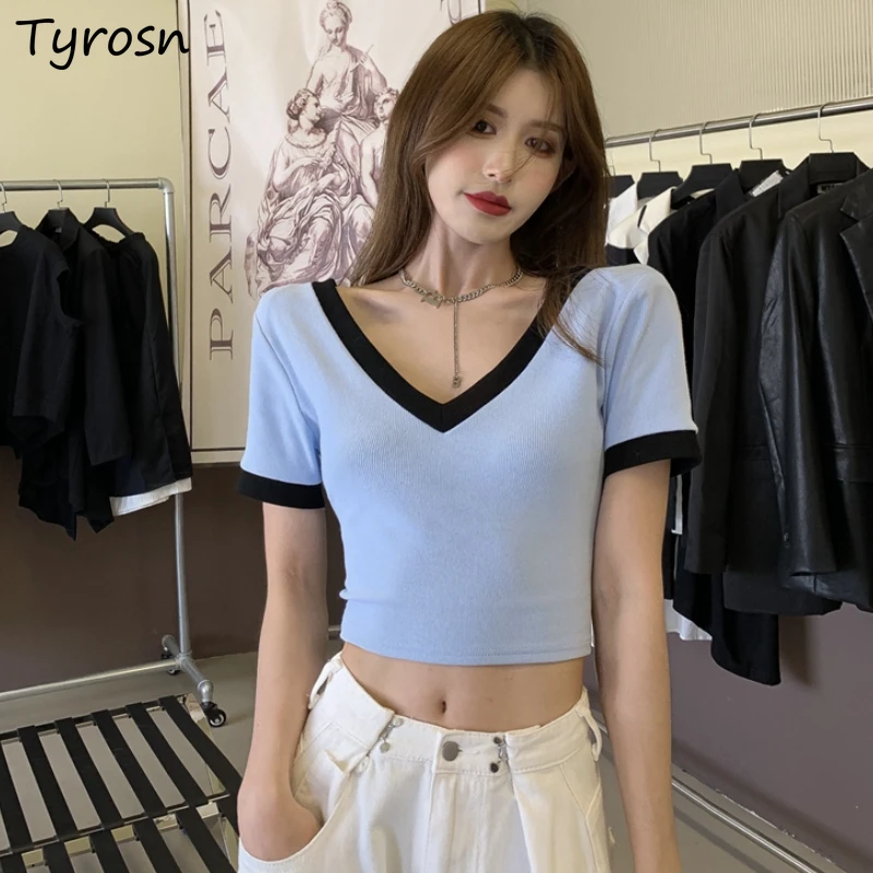 

Women Short Sleeve T-shirts Patchwork Slim Crop Tops Sweet Hot Girls V-neck Stylish Tshirts Temperament Elegant Retro Stretchy