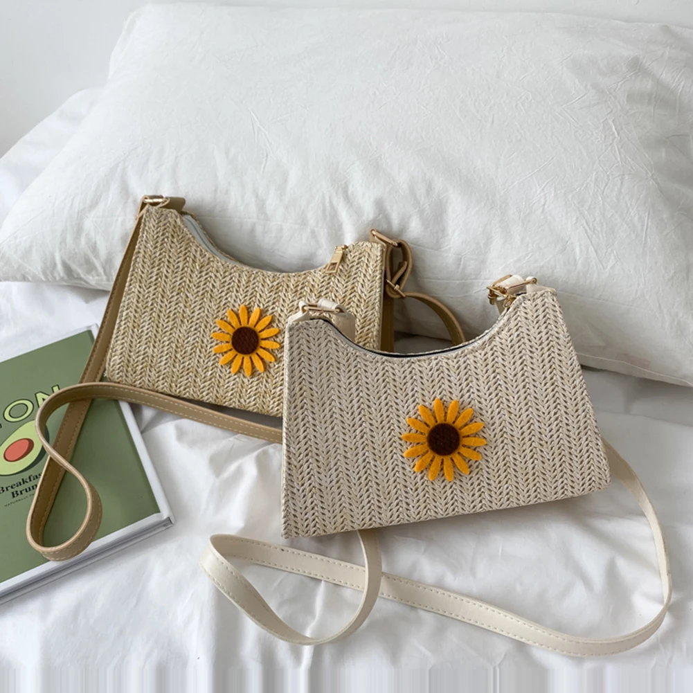 

Vintage Women Summer Woven Cherry Sunflower Shoulder Bags PU Leather Crossbody Messenger Bag Ladies Beach Small Handbags Purses