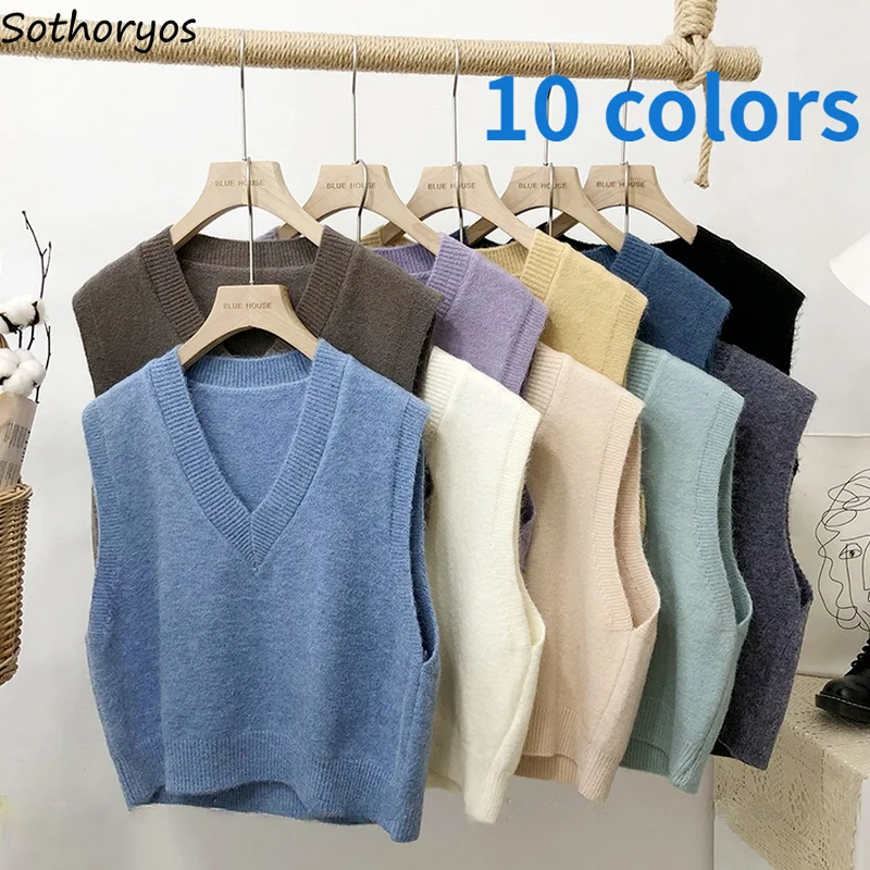 

Women Sweater Vest Solid Simple Fashion Loose Casual Chic Retro All-match Ulzzang Streetwear V-neck Gentle College Elegant Teens