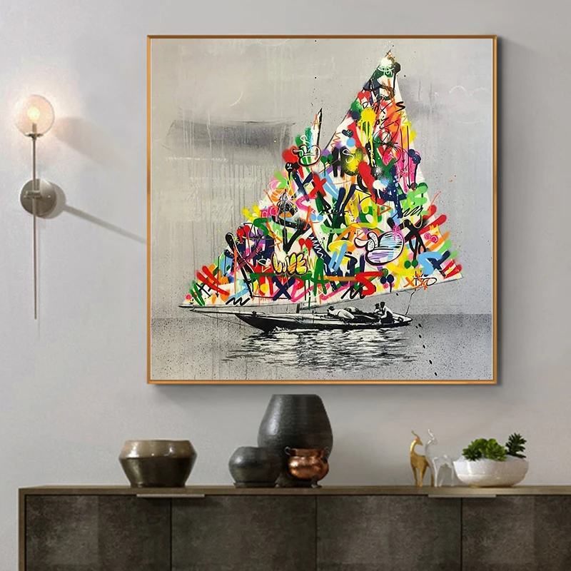 

Martin Whatson's Sailboat Graffiti Art Canvas Painting on The Wall Art Posters and Prints Decor Wall Art Picture for Living Room