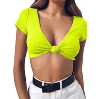2022 summer women sexy shirts chest knot jacket deep v neck leisure t shirt with short sleeves