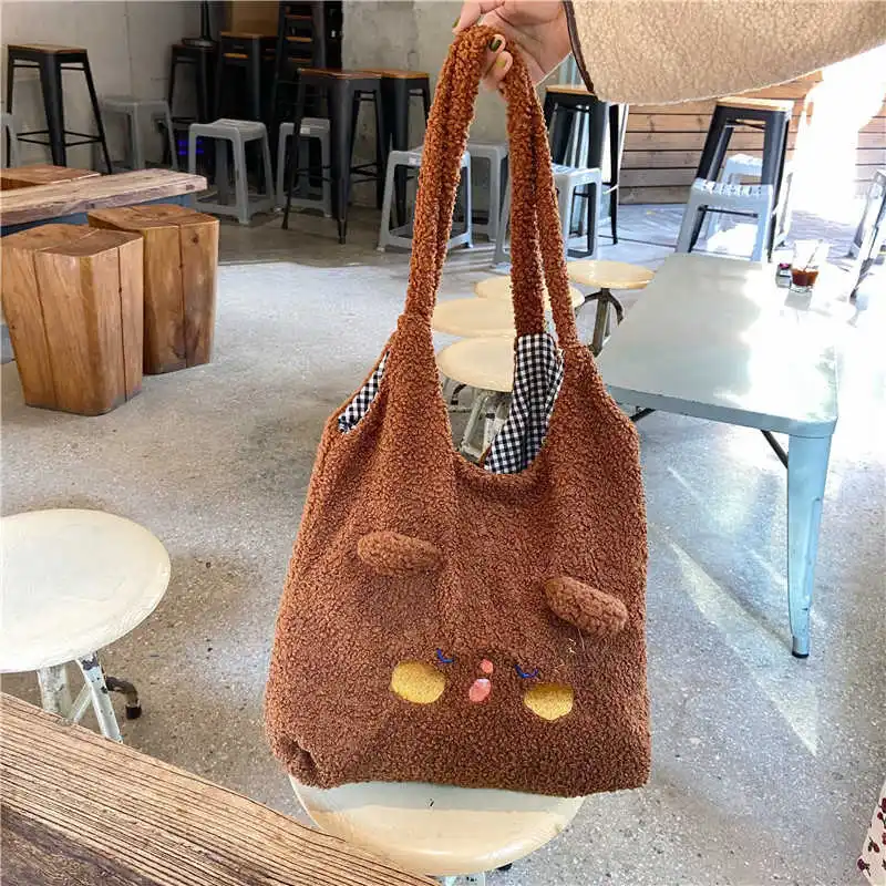 

Women's Shopper Bags Cute Cartoon Shoulder Bag Female Large Women Plush Winter Canvas Handbag Soft Warm Totes For Girls