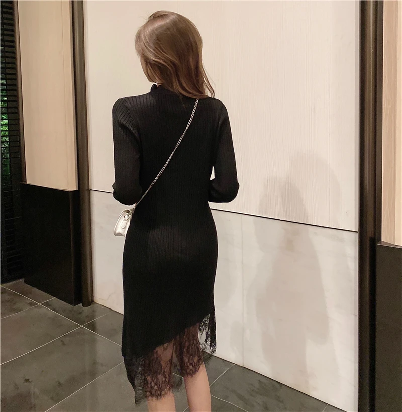 

Casual elegant dress women 2021 autumn new half high neck lace stitching knitted dress Korean fashion women's clothing