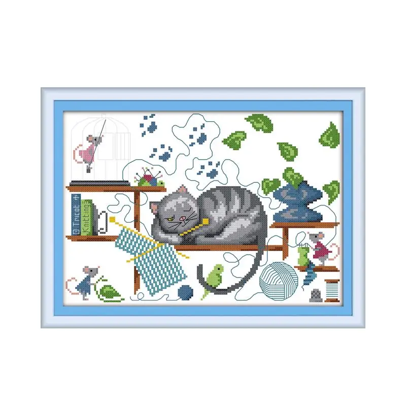

Knitting cat cross stitch kit DIY hand embroidery set craft handmade needlework cross-stitching DMC color Dreamfounder