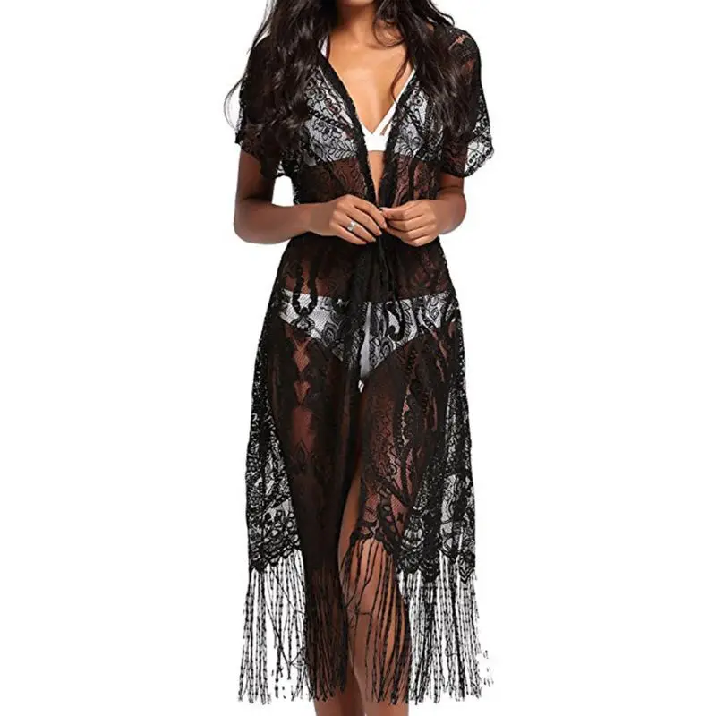 Womens Short Sleeves V-Neck Kimono Cardigan Hollow Crochet Floral Lace Drawstring Bikini Cover Up Long Tassels Midi Beach Dress | Женская