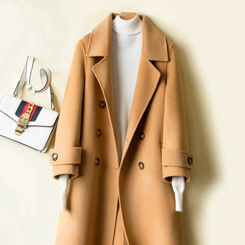 

Повседневное длинное осеннее шерстяное пальто с длинным рукавом и винтажным поясом, теплое женское двустороннее кашемировое пальто в Коре...