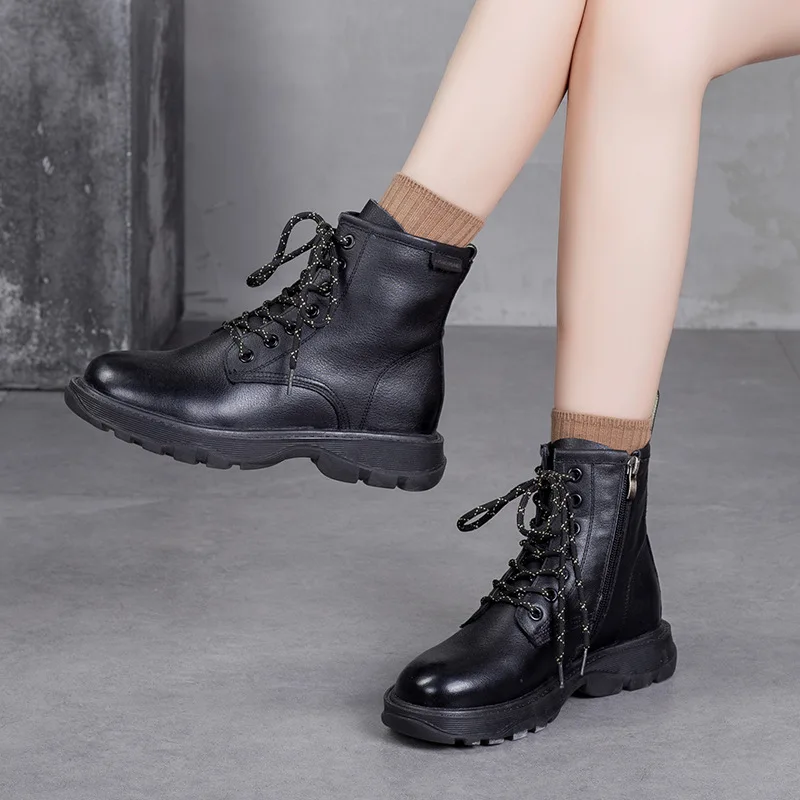

Nice Genuine Leather Martin Boots Women Retro Shoes High Top Nice Autumn Pop Female Black Shoes Ankle Boots for Women Bottee