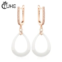 statement 585 rose gold circle hoop earrings with black white ceramic big geometric for women hanging dangle wedding earrings