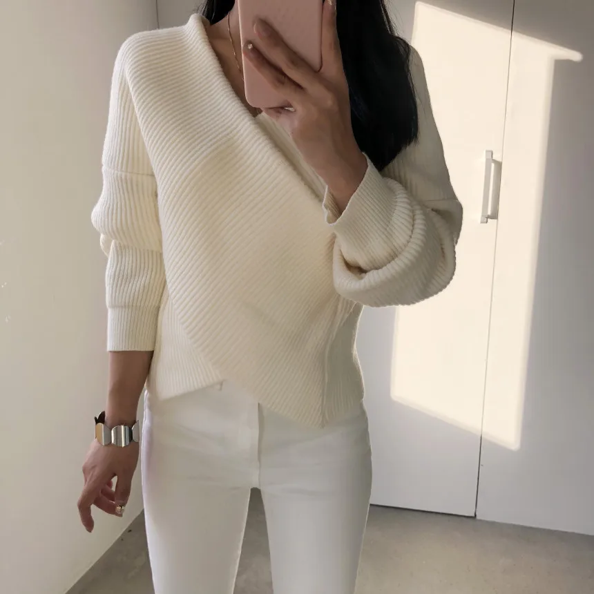 

New 2020 Winter Clothes Women Sweaters And Pullovers Slash Neck Cross Thicken Warm Knit Sweater Streetwear Pull Femme Beige Blue