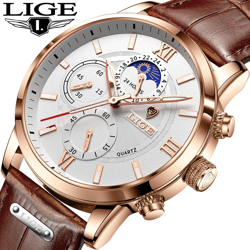 

2021 New Mens Watches LIGE Top Brand Leather Chronograph Waterproof Sport Automatic Date Quartz Watch For Men Relogio Masculino