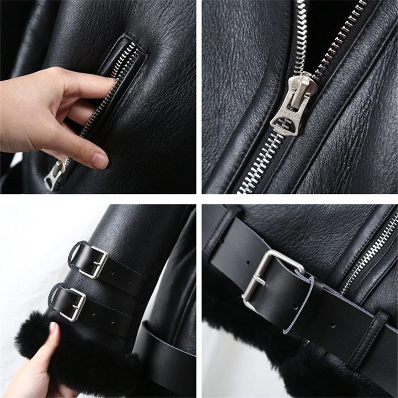 Winter Lamb Fur Bomber Real leather Jacket Women New Sheepskin Double Face Shearling Coat Oversized Genuine Leather Jackets