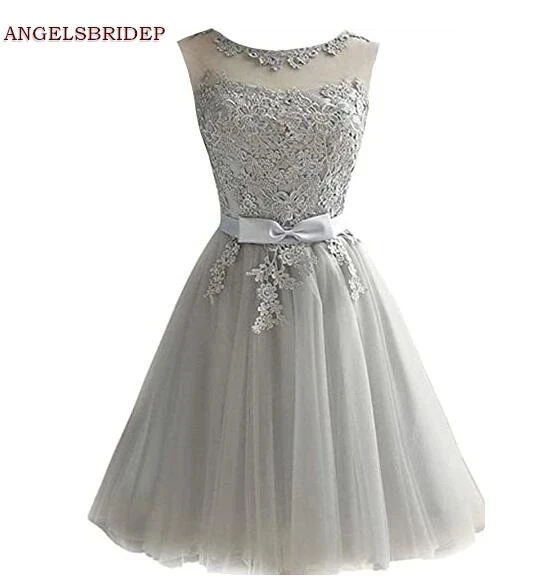 

ANGELSBRIDEP Sheer-Neck Short Homecoming Dresses Vestidos De Festa Applique Sash Special Occasion Cinderella Graduation Gowns