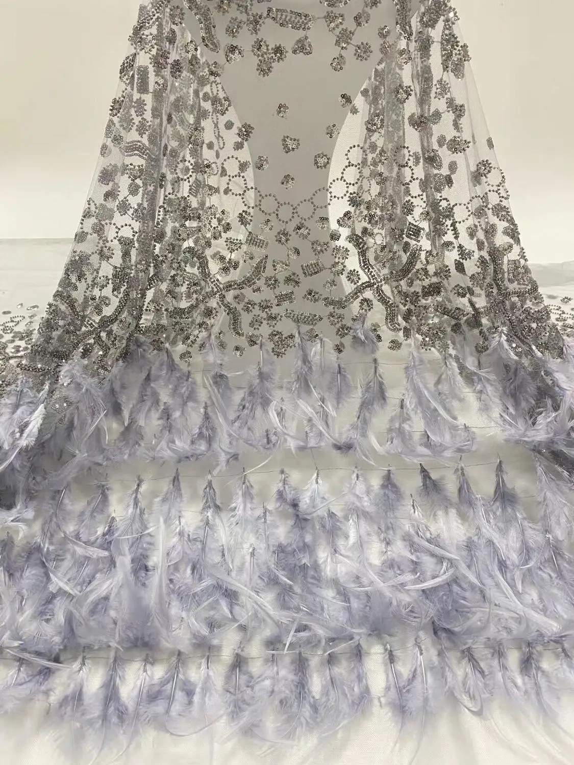 

best Quality and luxury embroidered African Tulle Lace Fabric ZH-109888 with feather For bridal dress