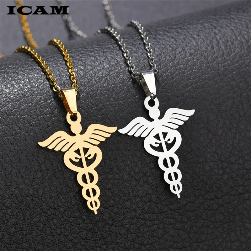 ICAM персонал Asclepius ожерелье кулон из нержавеющей стали/золото змея стержень