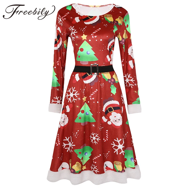 

Womens Soft Velvet Christmas Xmas Fancy Party Costumes Scoop Neck Long Sleeves Swing Dress 3D Printed Casual Flared Midi Dress