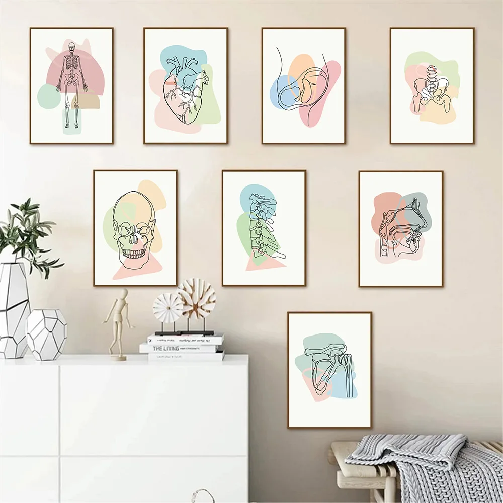 

Abstract Heart Skull Bones Skeleton Canvas Print Human Anatomy Poster Minimalist Wall Art Painting Pictures Doctor Office Decor