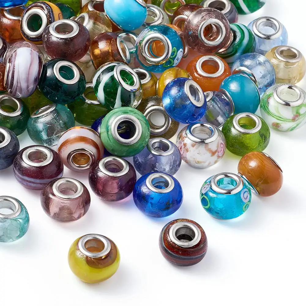 

Pandahall 100pc Mixed Color Handmade Lampwork Glass European Beads with Brass Double Cores Large Hole Rondelle Beads DIY Jewelry