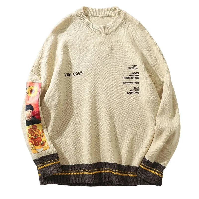 

GONTHWID Van Gogh Sleeve Patchwork Pullover Knit Sweater 2019 Mens Hip Hop Embroidery Crewneck Knitwear Sweaters Streetwear Tops