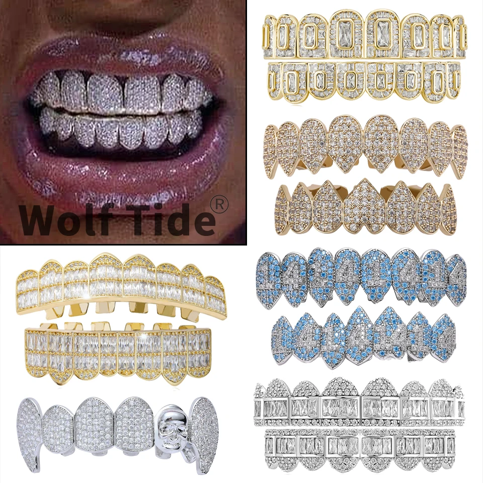 

Gold Iced Out Cubic Zircon Grillz Brace Punk Hip Hop Jesus Skull Dental Mouth Fang Grills Vampire Tooth Cap Cosplay Rap Jewelry