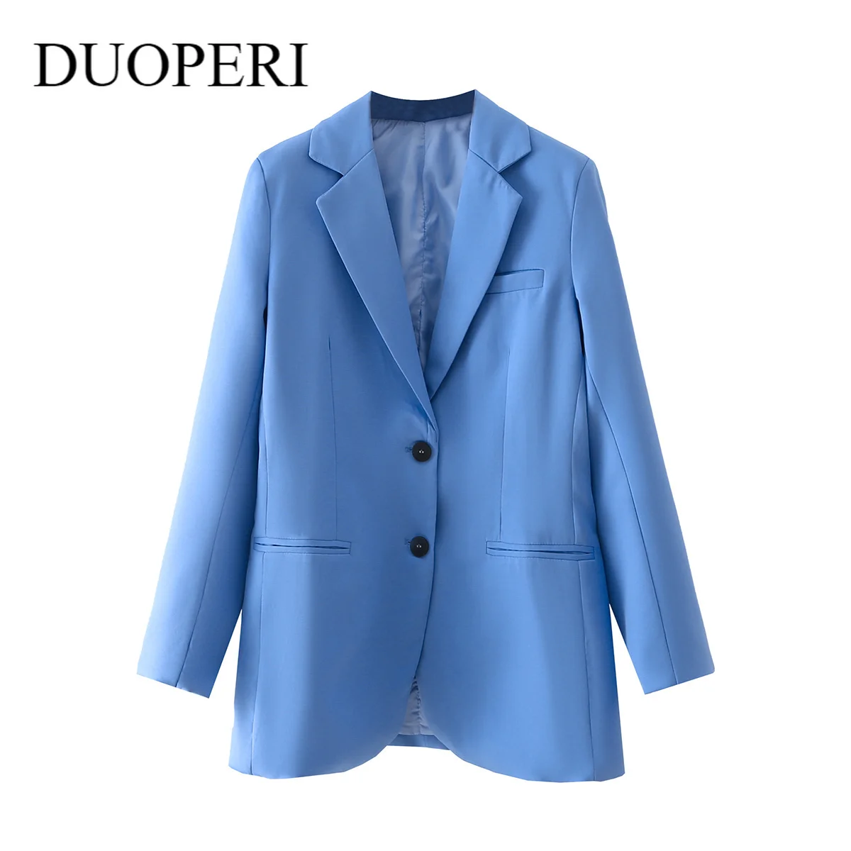

DUOPERI Women Fashion With Pockets Solid Single Breasted Blazer Notched Neck Vintage Female Coats Office Lady Outfits