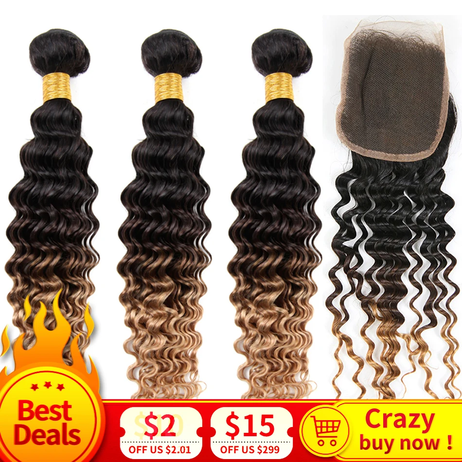 Пучки человеческих волос Ombre с закрытием 3 тона цвет глубокая волна T1B/4/30