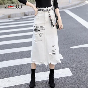 Женские переднее отверстие джинсовая юбка 2019 Мода; Сезон весна-осень; Длинные юбки в стиле Харадзюку, с высокой талией, повседневные белые джинсы юбка размера плюс 5XL