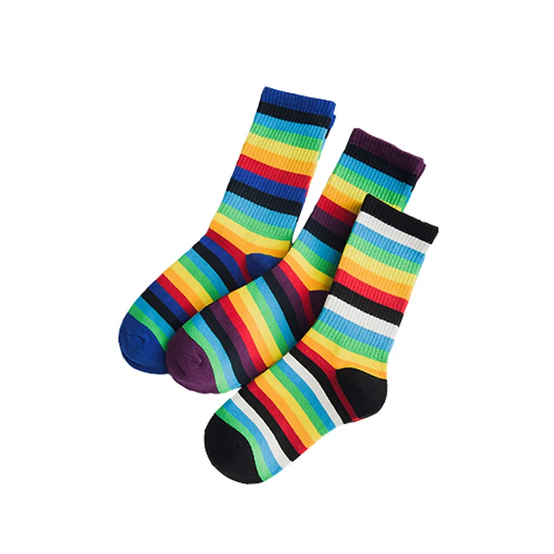 

1 Pair Women Socks Long Cotton Rainbow Color Striped Printed Fashion Lady Autumn Socks