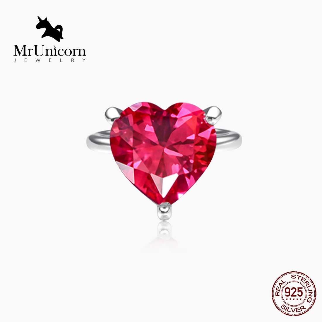 

MrUnicorn S925 Silver ring simple heart shape ruby ring valentine send to girlfriend luxury gem ring female index finger ring