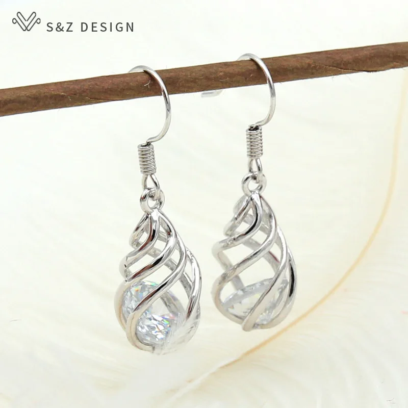 

S&Z 2019 New Fashion Spiral Hollow Water Drop Dangle Earrings Cubic Zirconia White GoldEardrop For Women Wedding Party Jewelry