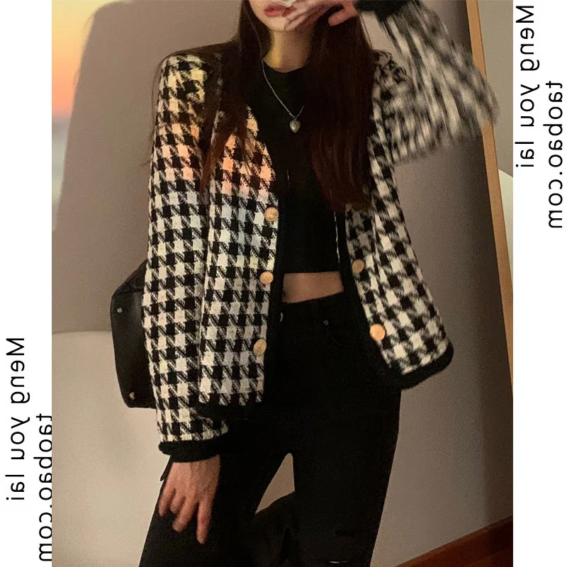 

French Sweet Cool Small Versatile Casual Coat Women's Motorcycle Baseball Uniform Style Houndstooth Short Coat Autumn Jum