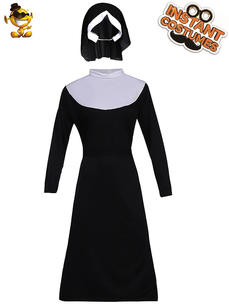 

Women Sexy Nun Costume Carnival Cosplay Black Long Sleeve Dress with Headpiece Adult Party Outfits Halloween Girls Career Suits