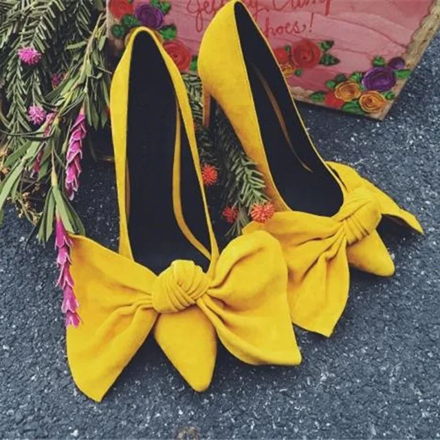 

Женские замшевые туфли-лодочки, желтые туфли на высоком тонком каблуке 6/8/10 см, с острым носком, без застежек, с бантом спереди