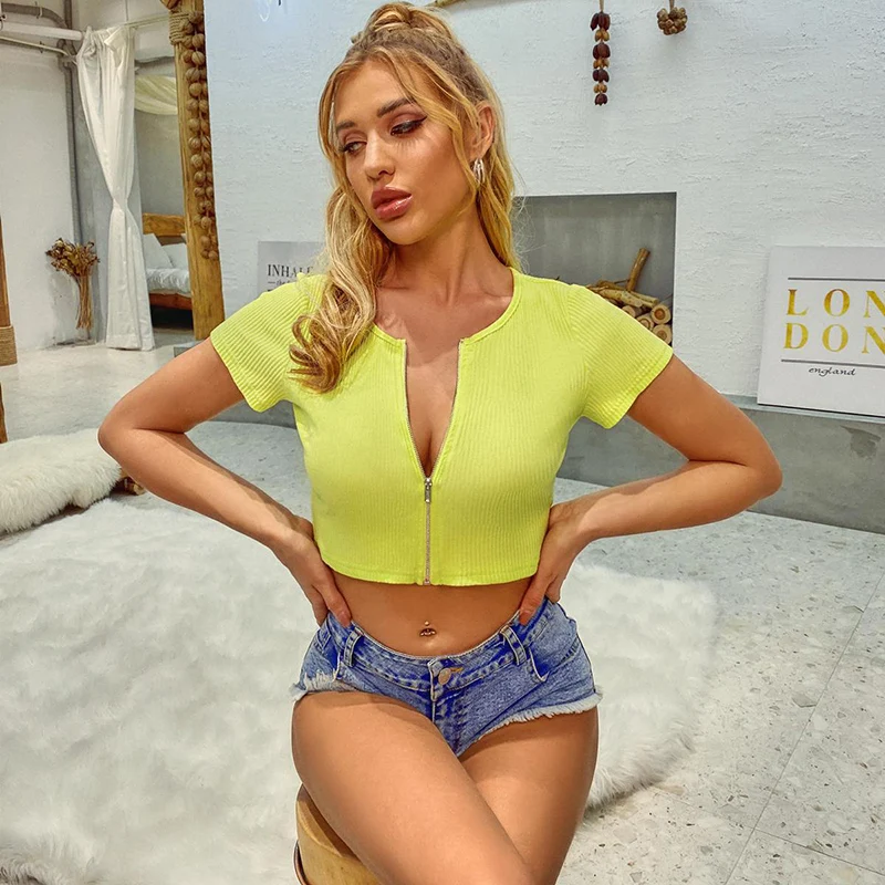 

JYSS slim lemon color tshirts woman round v neck collar short sleeve ropa de mujer tops women 2021 60066