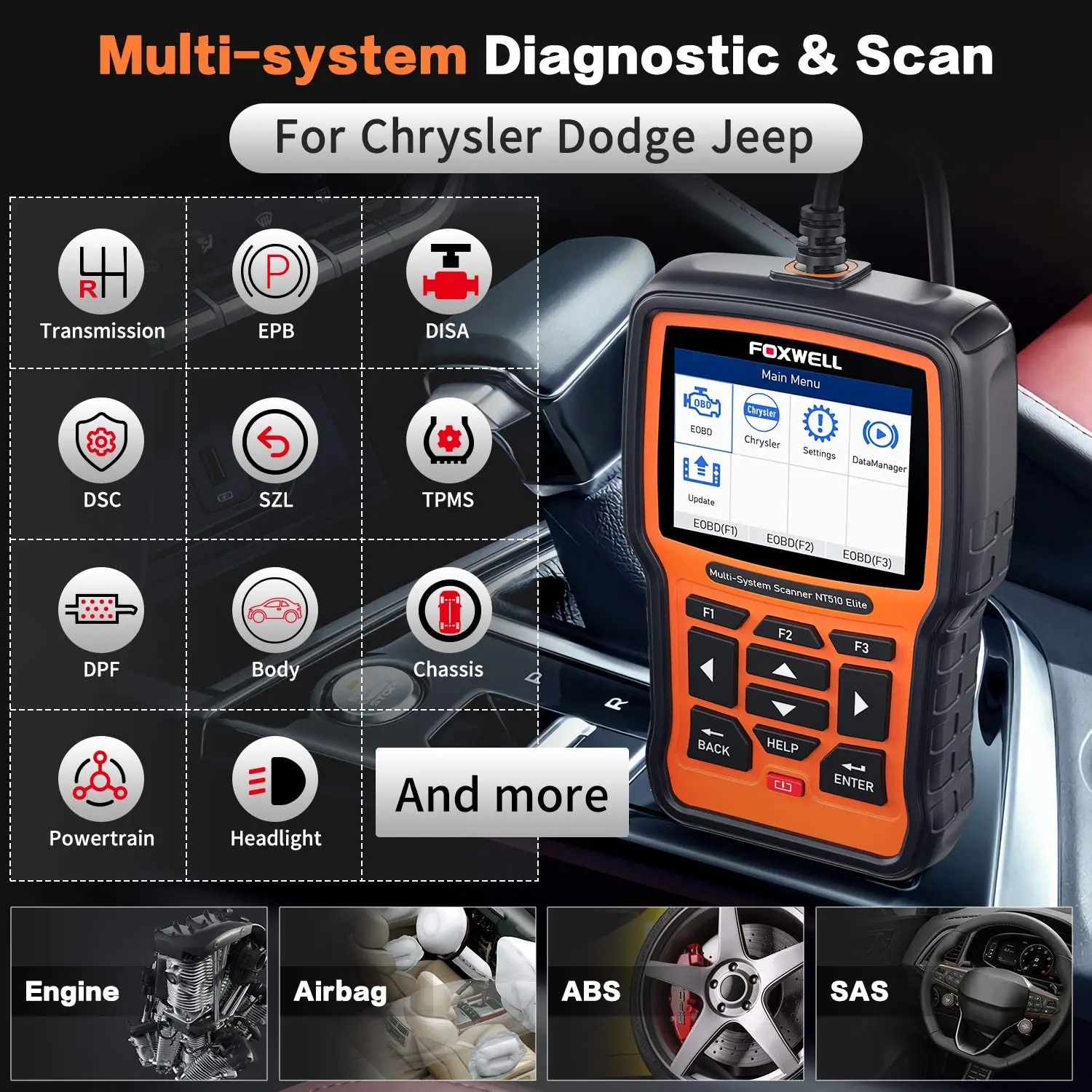 FOXWELL NT510 Elite OBD2 сканирующий инструмент для Chrysler Dodge Jeep полная система ABS EPB DPF