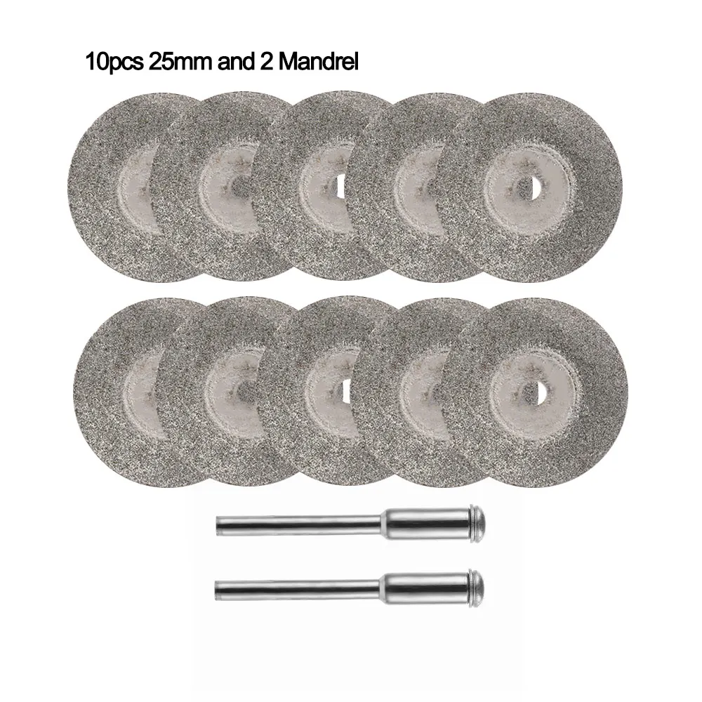 10pcs 25mm 2 Mandrel Алмазные режущие диски набор сверла мини Нефритовый камень циркулярная пила лезвие шлифовальный круг плитка абразивный роторный инструмент 20-50 мм - Цвет: 10pcs 25mm 2 Mandrel