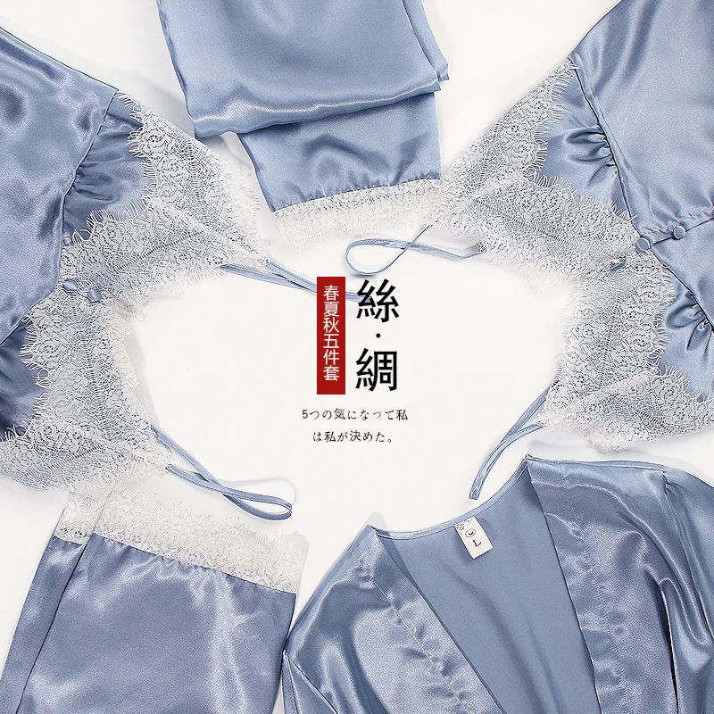 

Sexy Sleepwear 5PCS Intimate Lingerie Women Satin Casual Homewear Robe Sets Lace Comfortable Pajamas Nightwear Nightdress