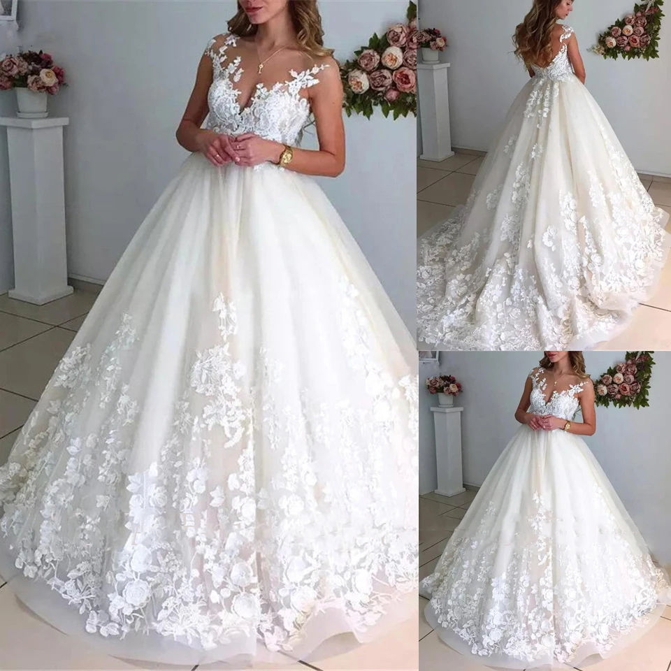 

2020 Latest Design Wedding Dresses Applique Lace Ball Gown Formal Bridal Dresses With Sweep Train Plus Size Vestidos De Noiva