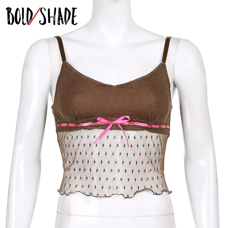 

Bold Shade Indie Clothes Aesthetic Mesh Sexy Bow Polka Dot V-Neck Camisole Backless 90s Style Y2K Slim Brown Vintage Baisc Tops