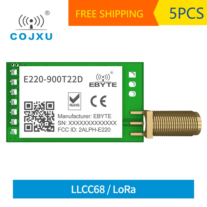 

5 шт., радиочастотный модуль LLCC68 LoRa, 868 МГц, 915 МГц, DIP 22 дБм, дальность 5 км