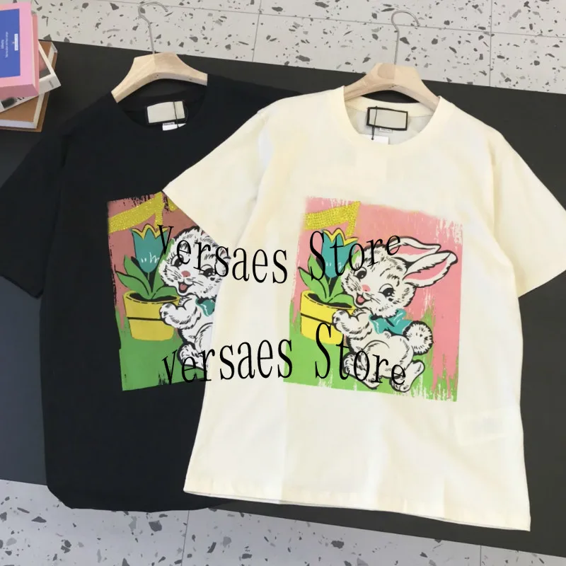 

2021 класса люкс высокого качества со стразами и принтом «кролик» Модный женский топ универсальные свободные Круглый воротник короткий рука...