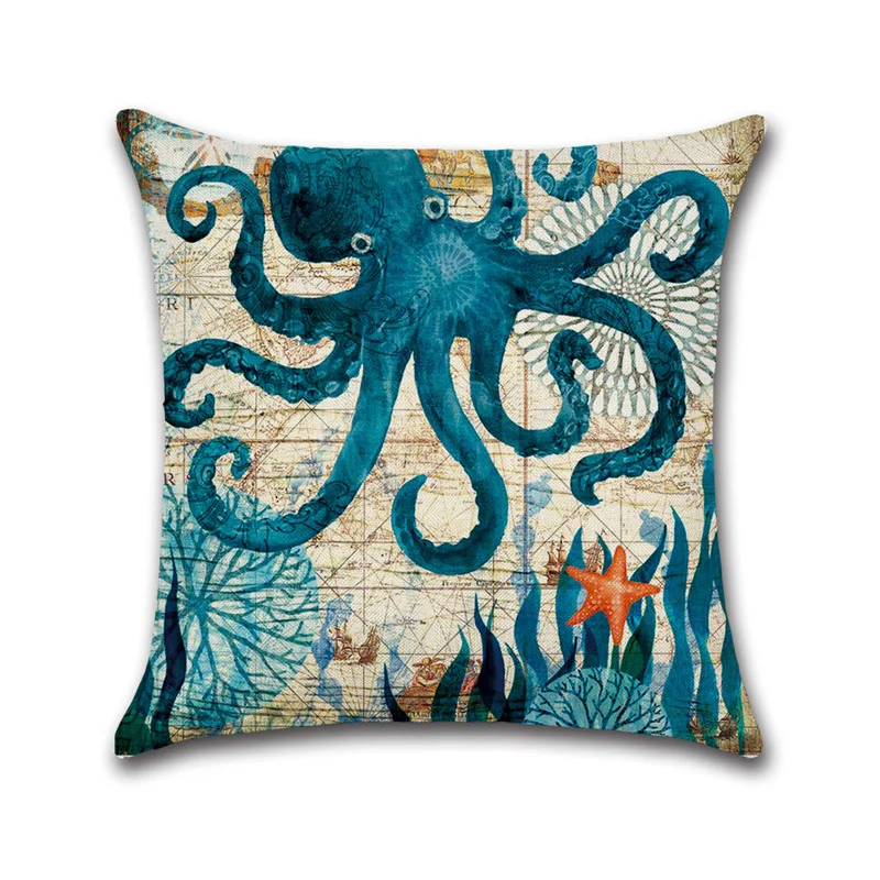 

45*45cm Marine life turtle seahorse whale octopus cushion cover linen Sofa Cushion Cover Sea Pillowcases Home Decor