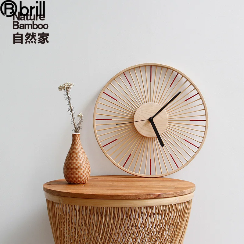 

Wooden Pastoral Wall Clock Japanese Wood Simple Silent Wall Clock Garden Bamboo Silk Wooden Clock Living Room Decor Horloge