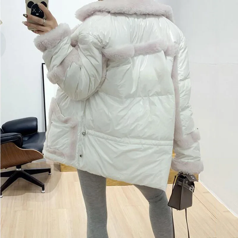 Женский глянцевый пуховик зимняя теплая парка шерстяное пальто из овечьей