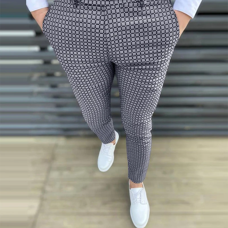 Брюки мужские повседневные облегающие модные клетчатые длинные штаны с принтом