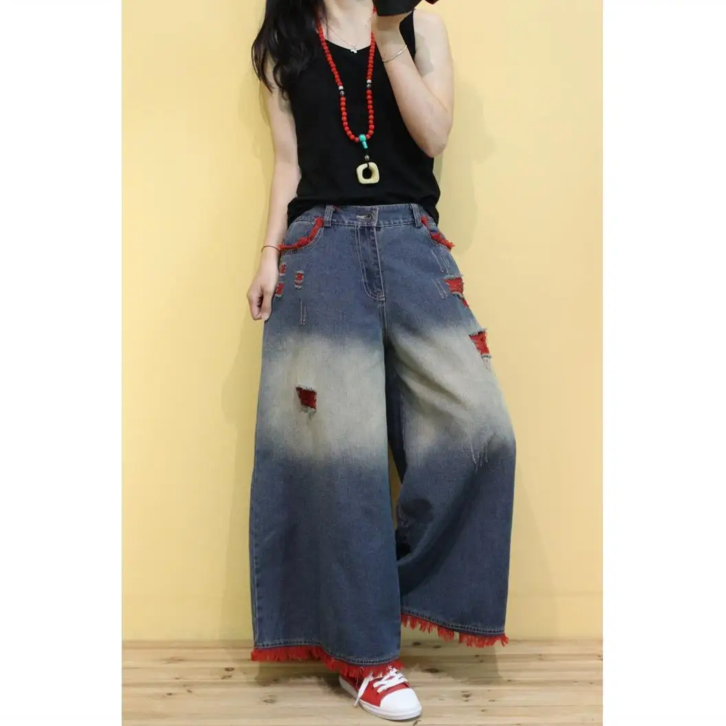 

Fat mm spring holed white washed jeans women's large flared pants with hairline fashion casual Harlan wide leg pants