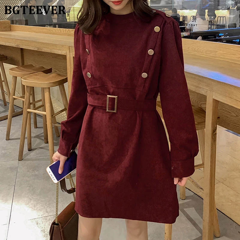 BGTEEVER шикарное двубортное женское короткое платье с длинным рукавом и поясом