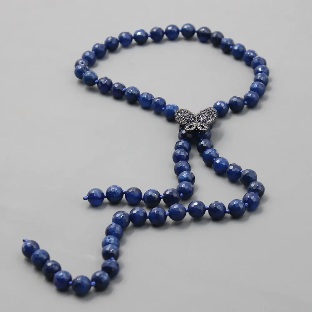 

GuaiGuai Jewelry Faceted Round Blue Agates Necklace Blue CZ Butterfly Pendant Clasp Handmade For Women